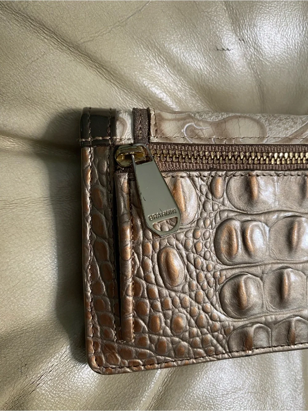 HTF Brahmin Bourdele Wallet in Cream/Gold/Taupe Scroll Embossed Leather